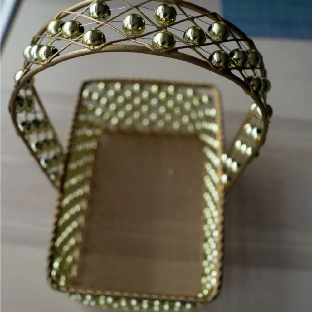 Gold Beaded Wire Decorative Basket with Handle